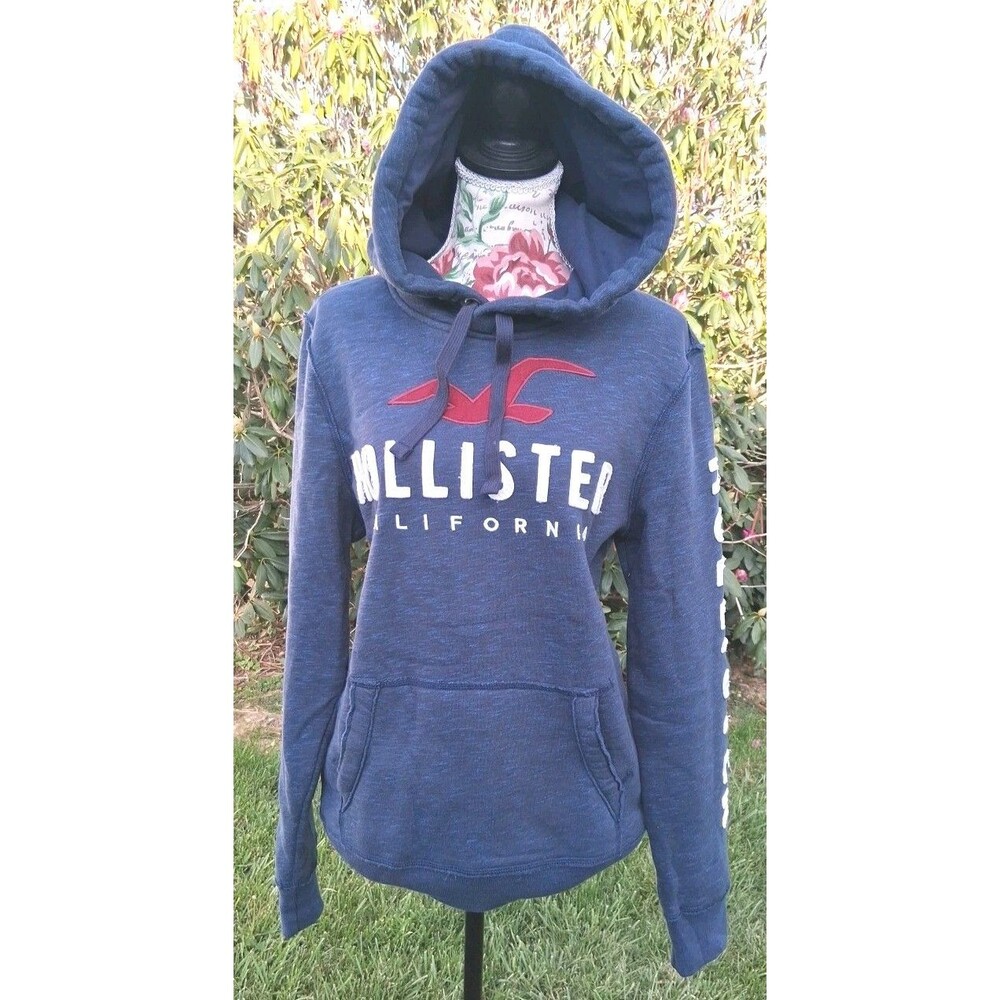 Vintage Y2k Hollister Hoodie Mens S Blue Sleeve Spellout Embroidered Streetwear